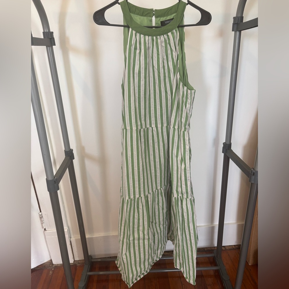 Green and White Striped Sleeveless Midi Dress